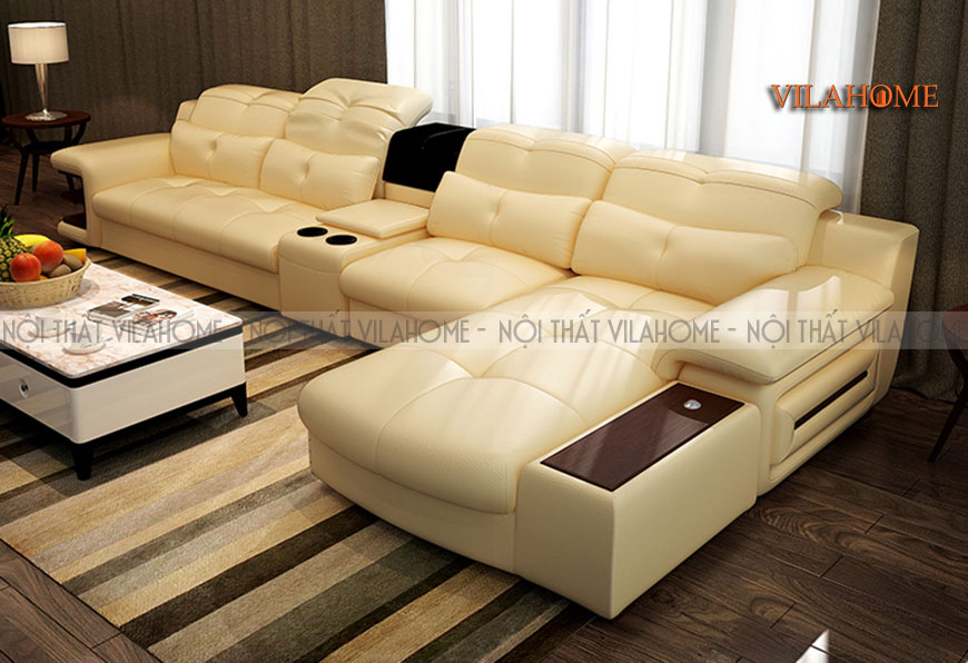 Sofa da hiện đại có giá sách màu vàng kem - 212