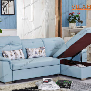 Mẫu sofa giường màu xanh lam bọc vải có ngăn để đồ tiện ích