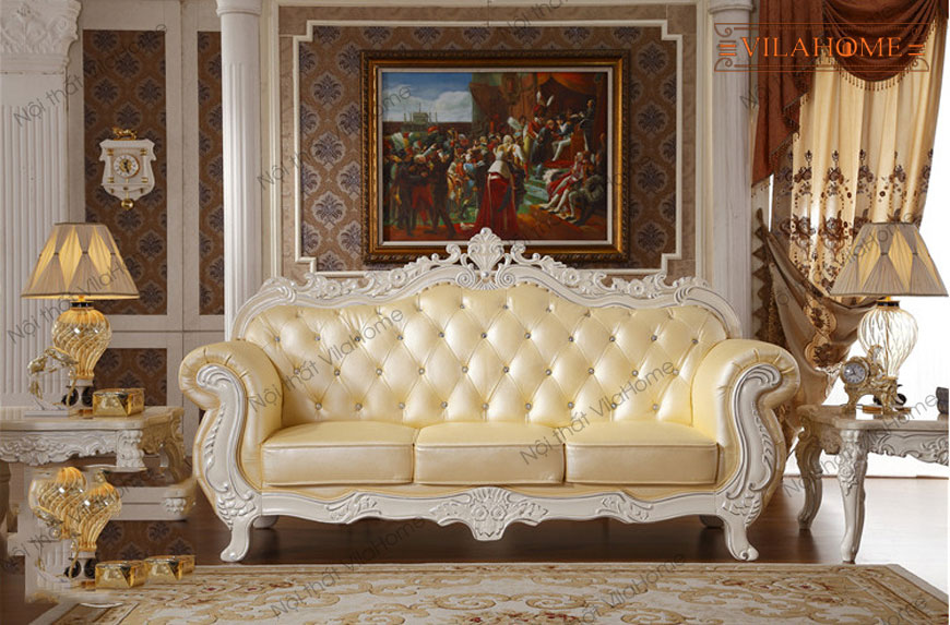 Mua Sofa tân cổ điển Châu Âu giá rẻ 1319, bọc da màu vàng kem, khung gỗ tự nhiên - Kho Sofa Vila