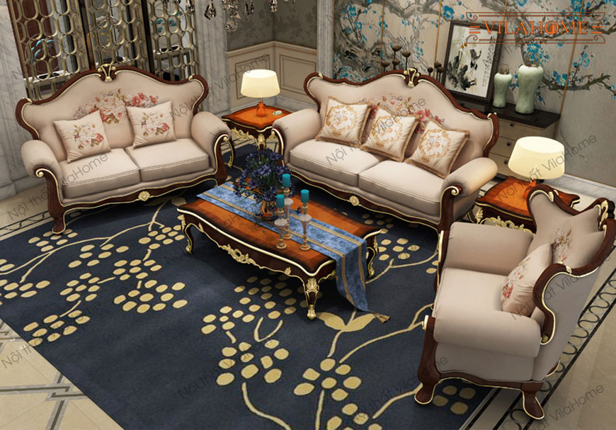 Chuyên ghế sofa tân cổ điển đẹp 1331, bọc vải màu kem, khung gỗ tự nhiên - Kho Sofa Vila