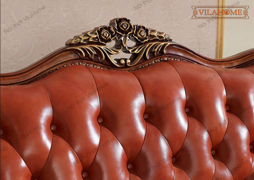 Chuyên ghế sofa tân cổ điển đẹp 1332, bọc da màu đỏ, khung gỗ tự nhiên - Kho Sofa Vila