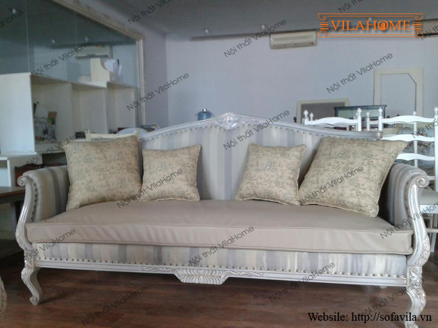 Xưởng sản xuất sofa tân cổ điển vilahome mã 5, bọc vải màu trắng, khung gỗ tự nhiên - Kho Sofa Vila