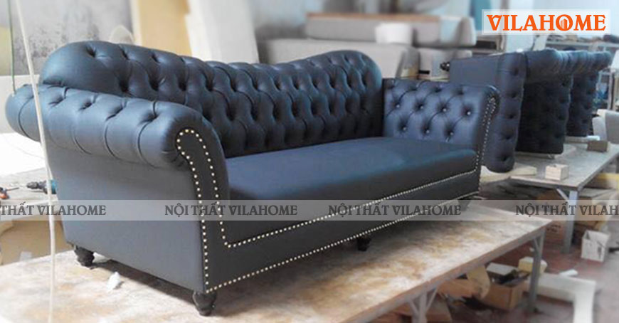 Xưởng sản xuất sofa tân cổ điển mã 13 bọc Da màu đen xám cao cấp - Sofa tân cổ điển VILA