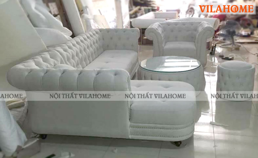Xưởng sản xuất sofa tân cổ điển mã 16 bọc Da màu trắng cao cấp - Sofa tân cổ điển VILA