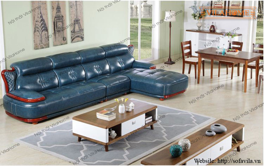 Sofa Hà Nội 2.8m x 1.8m tay vịn lộ gỗ màu xanh