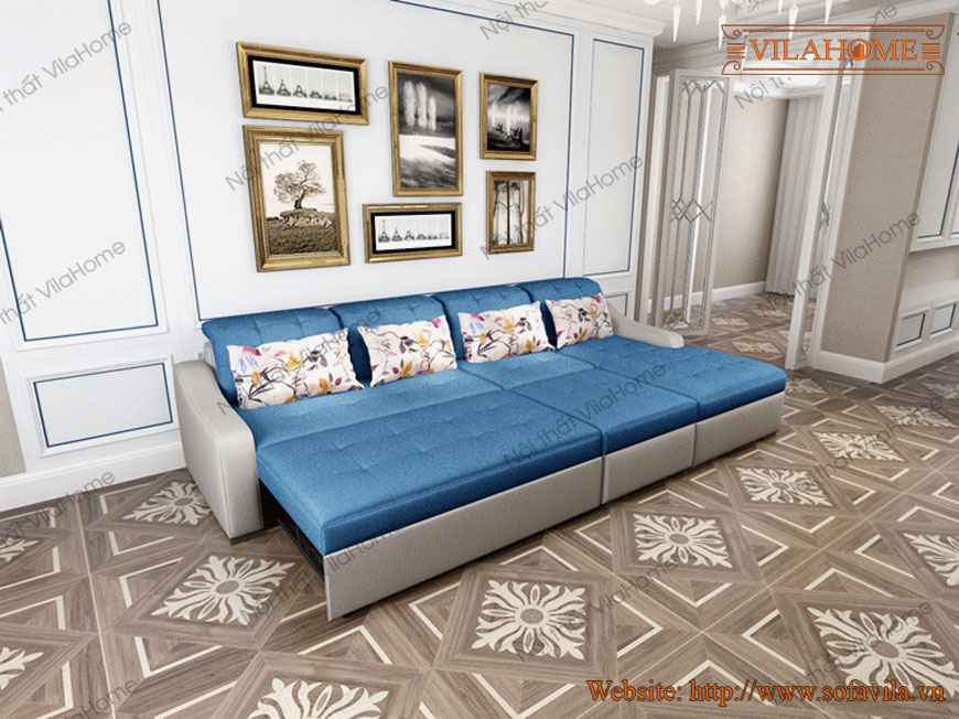 Sofa giường thông minh giá rẻ nhất hà nội - Sofa giường đa năng 1593, bọc vải màu xanh