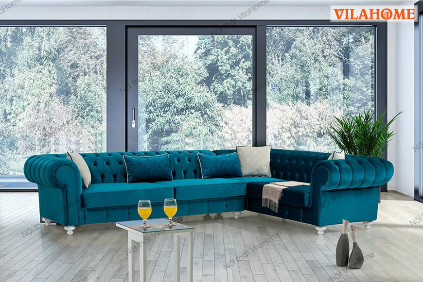 Sofa văng tân cổ điển hà nội 3048 bọc Nỉ màu xanh ngọc cao cấp - Sofa tân cổ điển VILA