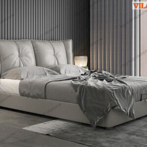 Giường ngủ kiểu dáng hiện đại bọc da màu ghi ánh bạc-7015