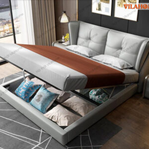 Giường ngủ đẹp hiện đại thiết kế thông minh màu ghi sáng - 7017