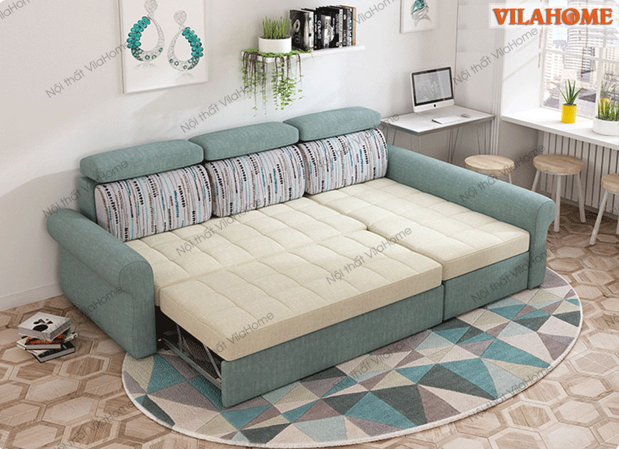 Ghế sofa giường xếp gọn đa năng màu xanh lam kem, nỉ nhập khẩu