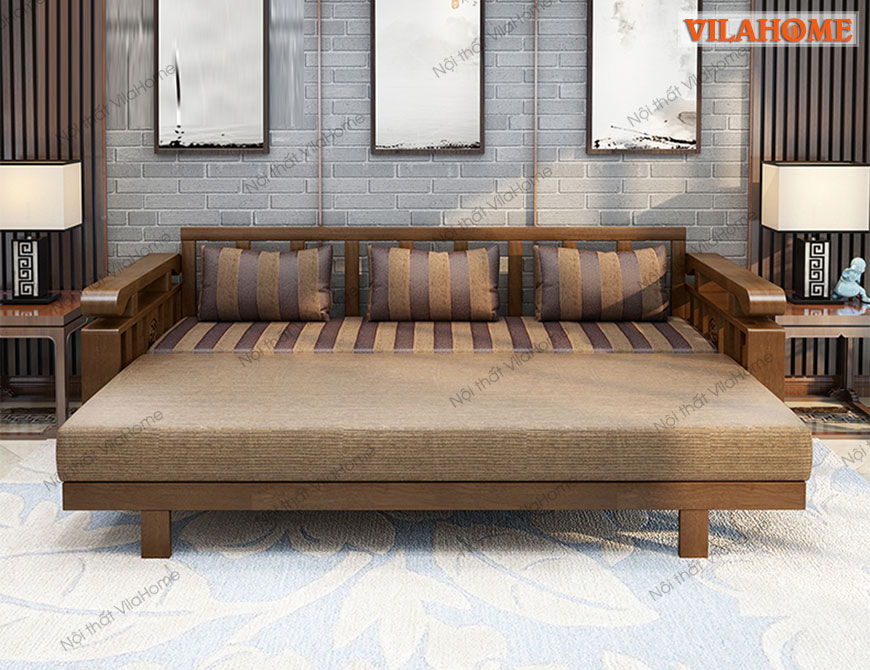 Mẫu sofa giường làm bằng gỗ tự nhiên G901, màu nâu