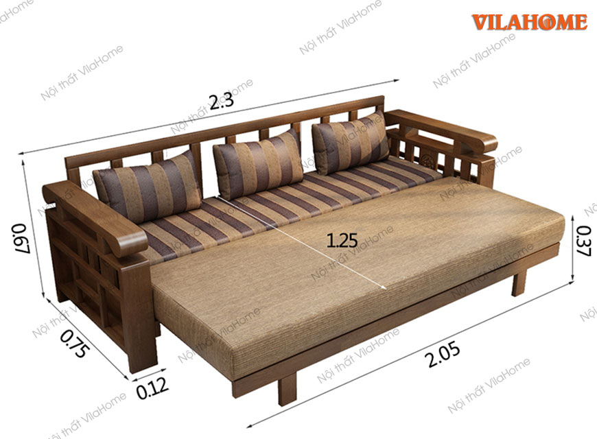 Kích thước sofa giường G901, màu nâu, khung gỗ sồi tự nhiên
