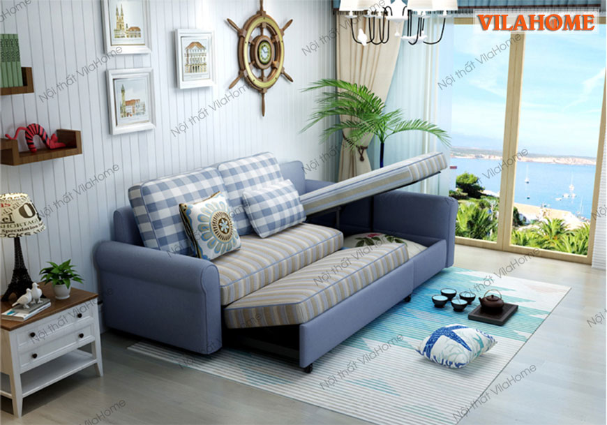 Mẫu sofa giường xếp gọn đẹp 9919 bọc vải màu xanh kết hợp kẻ sọc vàng
