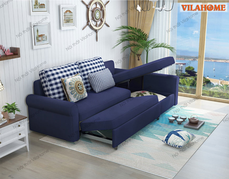 Mẫu sofa giường hiện đại 9919 bọc nỉ Hàn Quốc nhập khẩu, màu xanh tím than, Kích thước: 2,5m x 1,6m x 0,85m