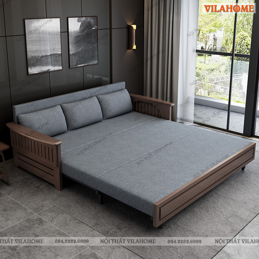 sofa giường ngủ khung gỗ sồi màu óc chó mẫu mới nhất trong năm gs04