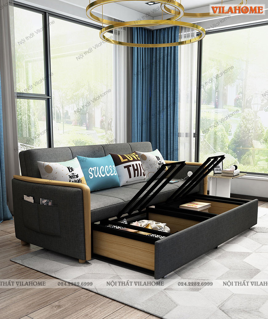 Giường ngủ thông minh kết hợp sofa bọc da hiện đại 