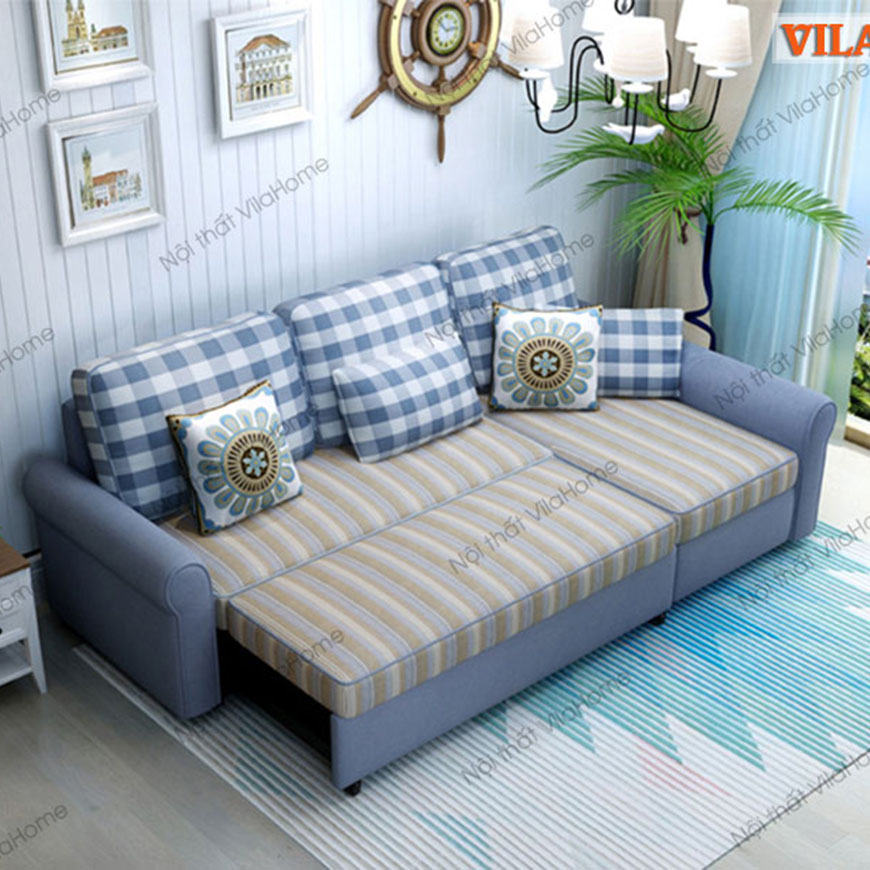 Ghế sofa kiêm giường ngủ thông minh sọc caro màu xanh biển giá rẻ 