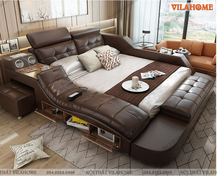 Giường đa năng có ghế massage màu nâu gỗ đẹp sang trọng 