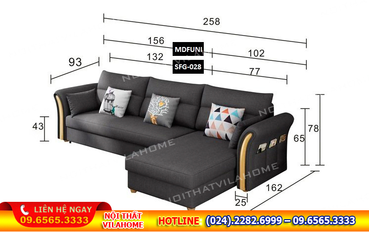 Kích thước sofa thông minh chữ L 9981