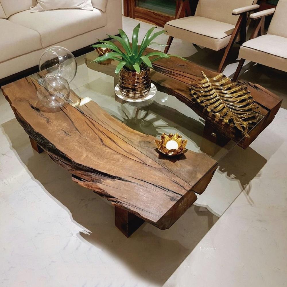 bàn trà chân sắt mặt gỗ nguyên khối kết hợp kính