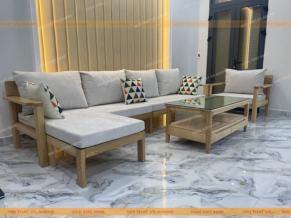 Sofa gỗ tự nhiên kết hợp cùng bàn trà vân gỗ tự nhiên đẹp mắt
