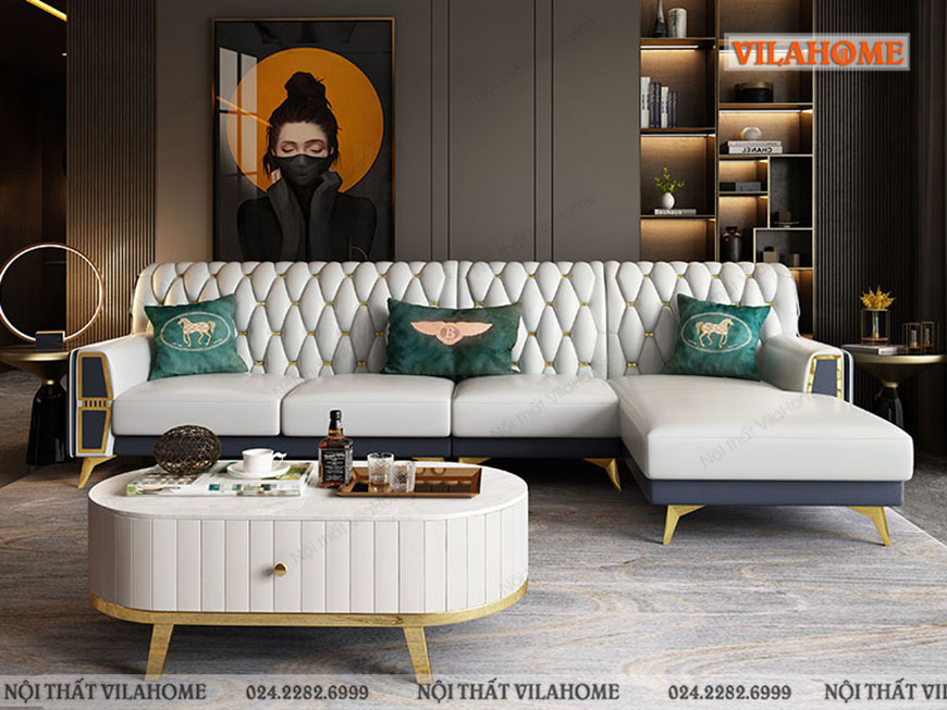 Sofa cao cấp kết hợp bàn trà màu trắng mạ vàng