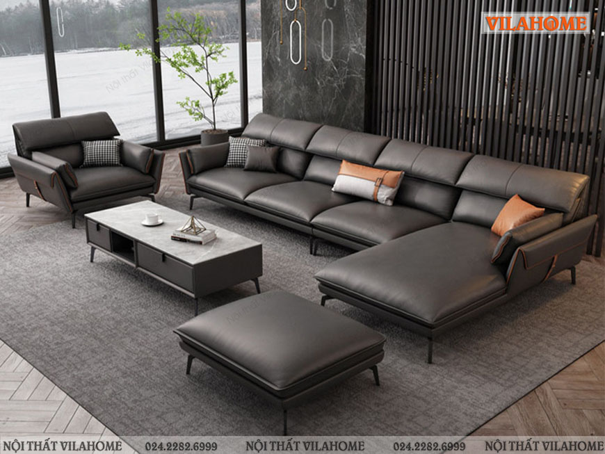 Mẫu sofa cao cấp phong cách Ý góc L kết hợp ghế đơn và đôn vuông
