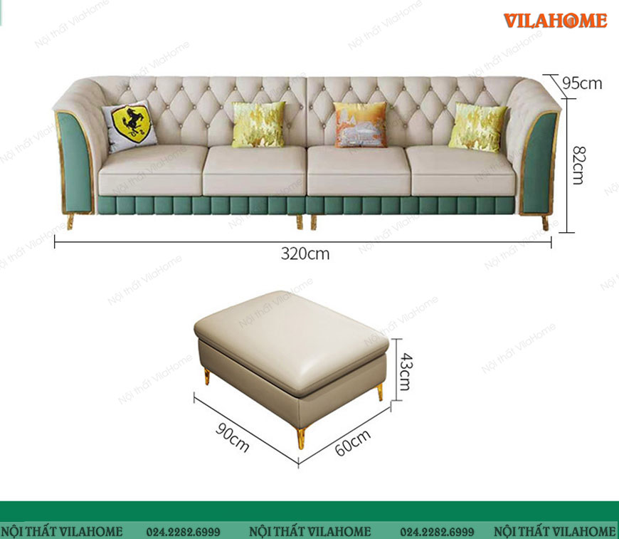 Sofa cao cấp dáng văng 4 chỗ màu trắng mạ vàng và đôn đơn