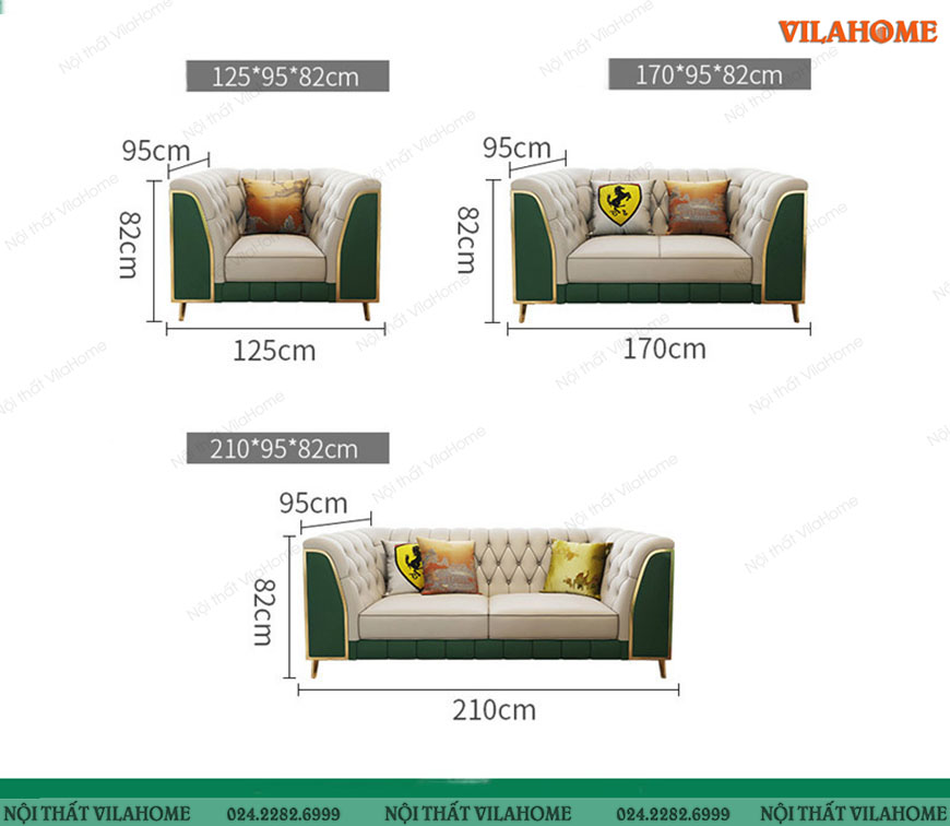 Bộ sofa cao cấp 221 màu trắng viền xanh chân mạ vàng sang trọng