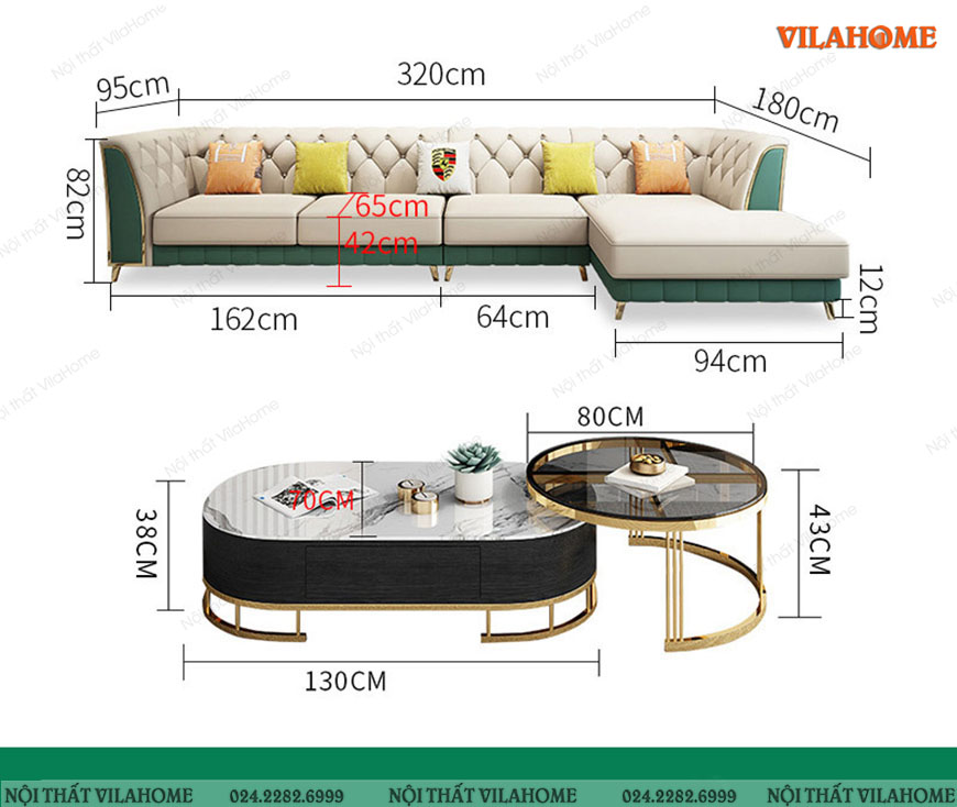 Sofa cao cấp nhập khẩu cùng bàn trà bầu dục mạ vàng