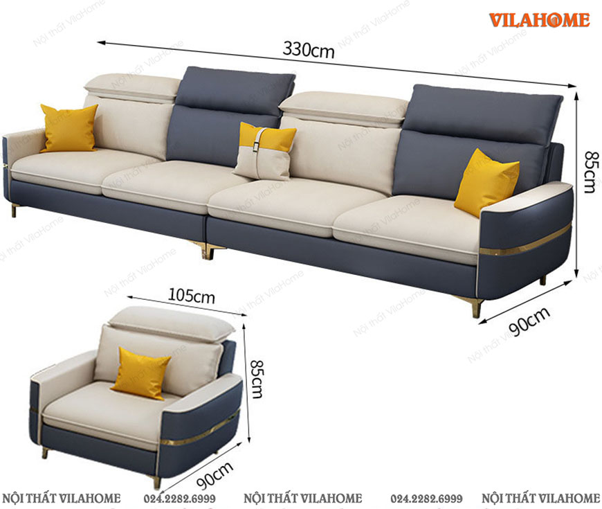 Sofa cao cấp chân mạ vàng văng dài 3m3 và ghế đơn 1m sâu 90