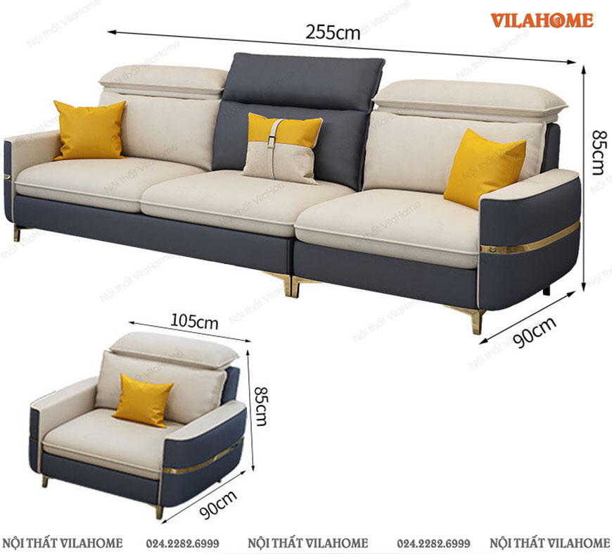 Sofa cao cấp chân mạ vàng 2m55 và ghế đơn