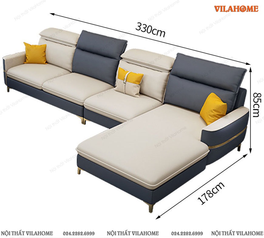 Sofa cao cấp góc 3.3 x 1.8m màu trắng và xanh sẫm mạ vàng