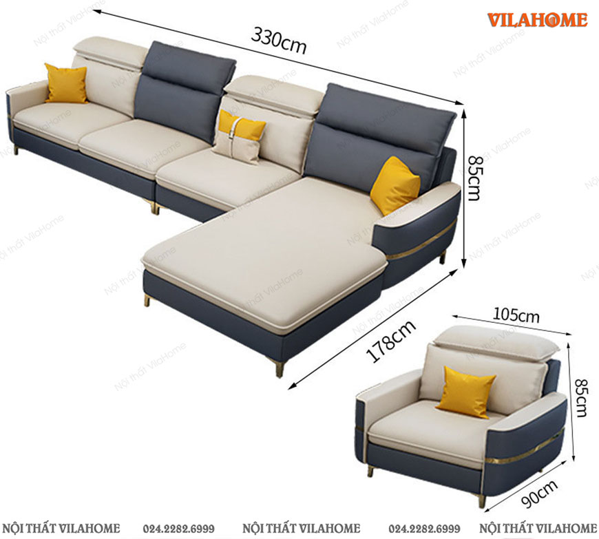 Sofa cao cấp góc 3.3m x 1.8m và ghế đơn 1m trắng xanh sẫm
