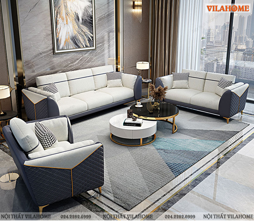 Sofa cao cấp nhập khẩu bộ văng 123 mạ vàng màu trắng kết hợp tím than
