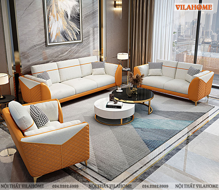 Sofa cao cấp bộ văng 123 nhập khẩu màu trắng và cam