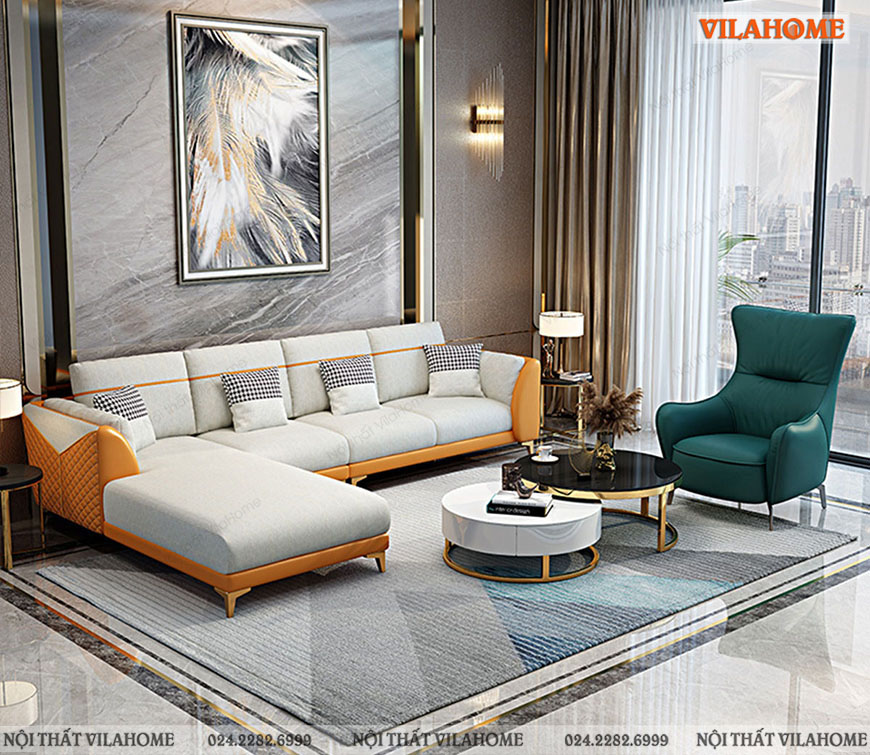 Sofa cao cấp góc chữ L mạ vàng màu trắng và cam