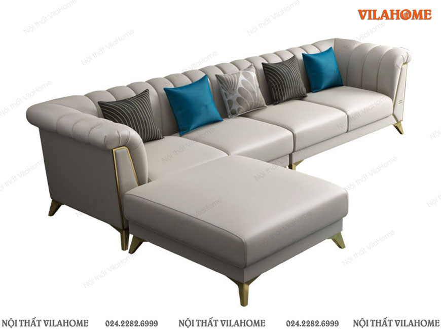 Bộ sofa cao cấp văng ghép với đôn lớn thành góc màu ghi sáng mạ vàng