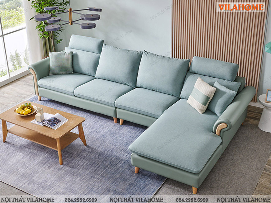 Sofa nỉ góc trái màu xanh nhạt kết hợp da bọc phần tay vịn gỗ tự nhiên