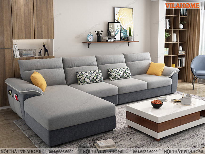 Sofa nỉ hiện đại hai màu ghi và xanh ghi kết hợp