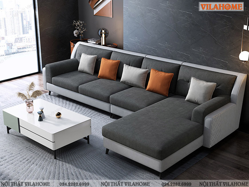 Sofa nỉ đẹp màu đen kết hợp da cao cấp màu ghi