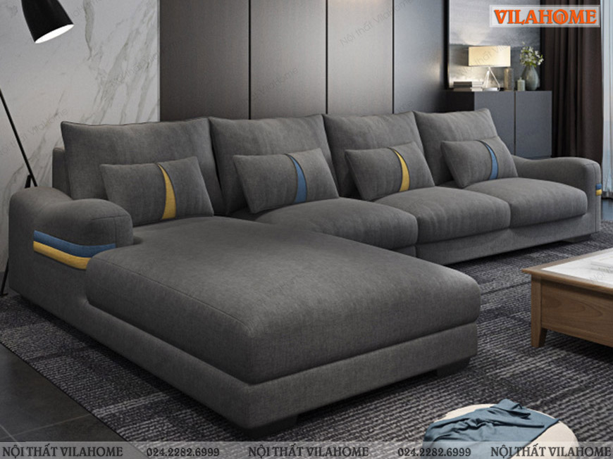 Mẫu sofa nỉ góc đẹp màu xám với họa tiết trang trí tươi tắn
