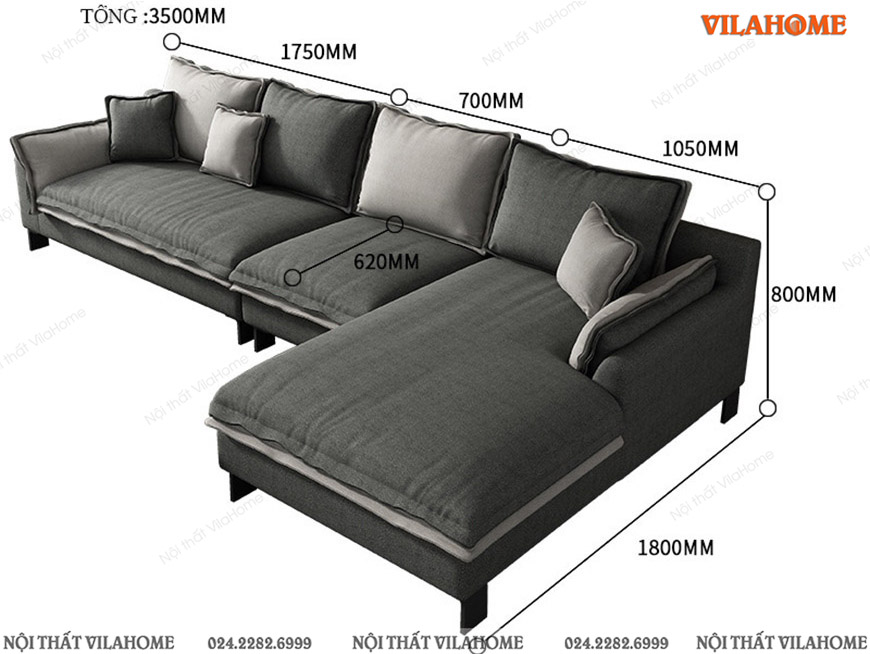 Sofa nỉ góc trái màu xám viền ghi 3m5 x 1m8