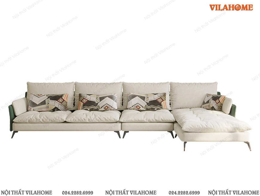 Sofa nỉ góc chữ L màu trắng gối tựa họa tiết hiện đại