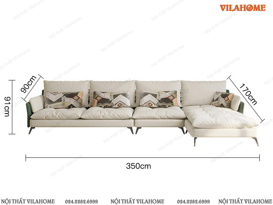 Kích thước sofa nỉ và da màu trắng - xanh 3m5 x 1m7