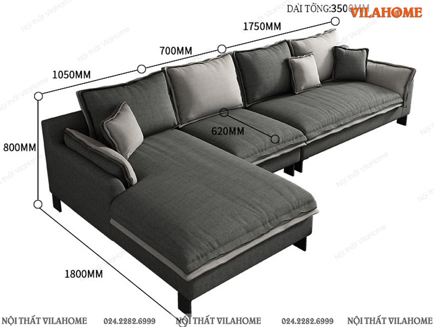 Sofa nỉ màu xám viền trang trí màu ghi 3m5 x 1m8