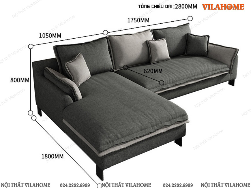 Sofa nỉ góc trái 2m8 x 1m8 màu xám