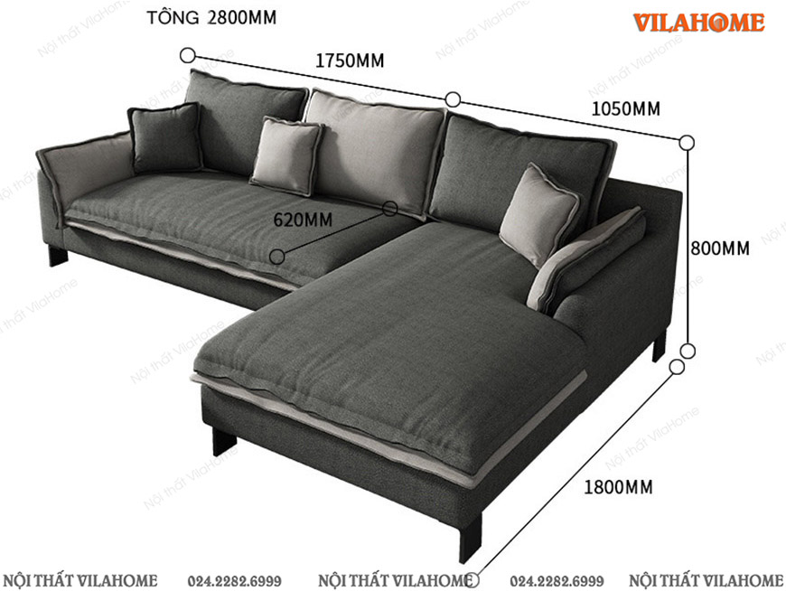 Sofa nỉ góc phải 2m8 x 1m8 màu xám