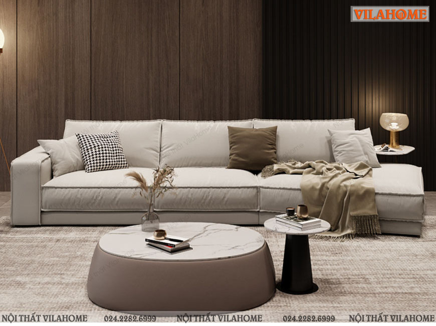 Sofa văng vải nỉ màu trắng chữ V chân thấp