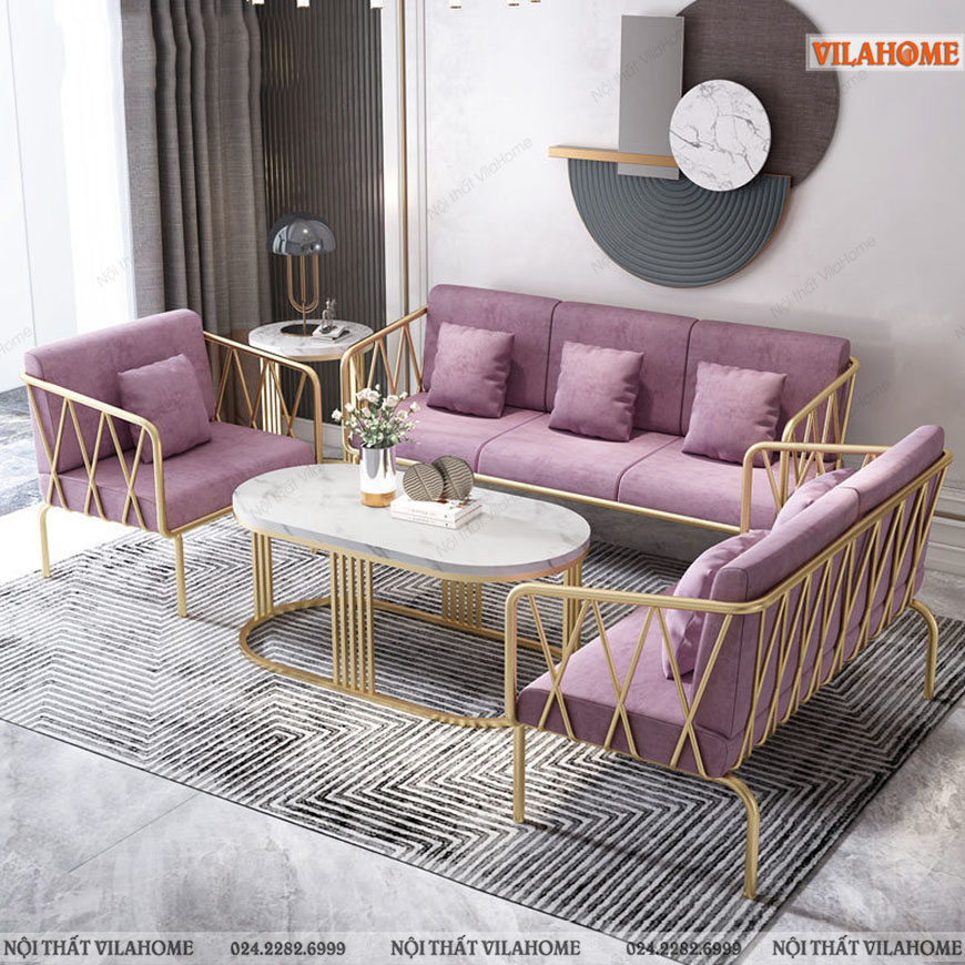 Bộ sofa văng màu hồng tím khung mạ vàng